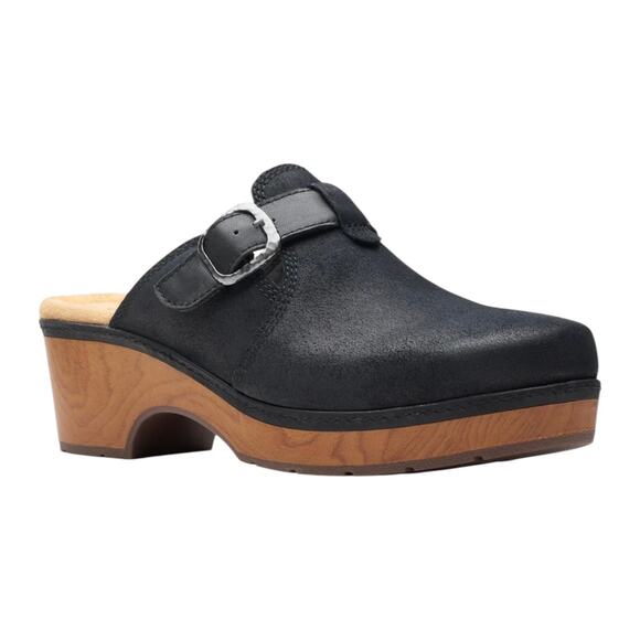 Clarks Women's Paizlee Nora Suede Slip On Buckled Platform Clogs Black Size 8 - Picture 1 of 5